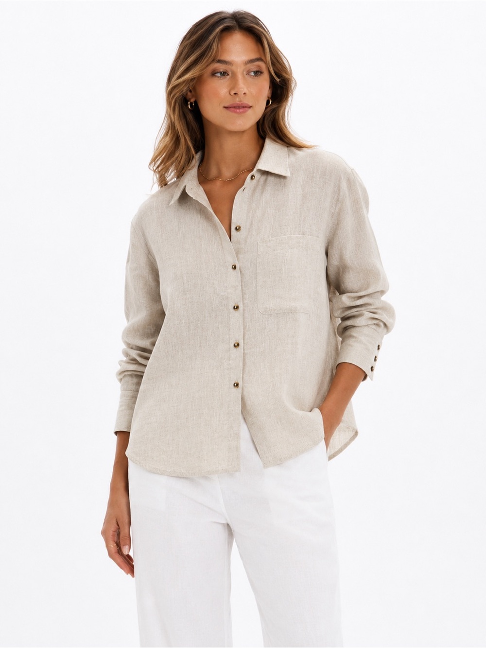 NWT Saks Fifth Avenue 100% Linen Button Front Shirt Natural Beige Medium